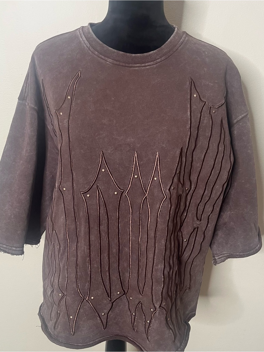Kloud 9 Men’s Brown Crewneck Embroidered Stud Raw Edge Cotton Sweatshirt Sz S